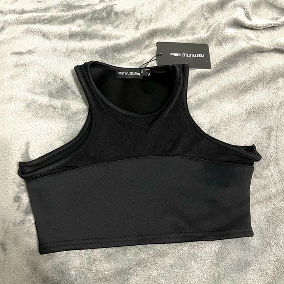 PRETTY LITTLE THING Black Mesh Insert Scuba Racer Neck Crop Top - Picture 3 of 6
